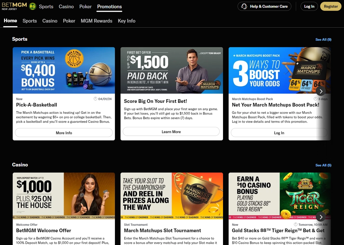 BetMGM Casino Promotions Homepage Screenshot