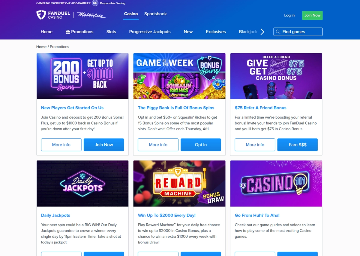 FanDuel Casino Promotions Page Screenshot