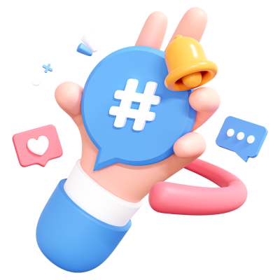 3D Trends Icon 3D Trends Icon - 3D Hand Holding Hashtag on Speech Bubble