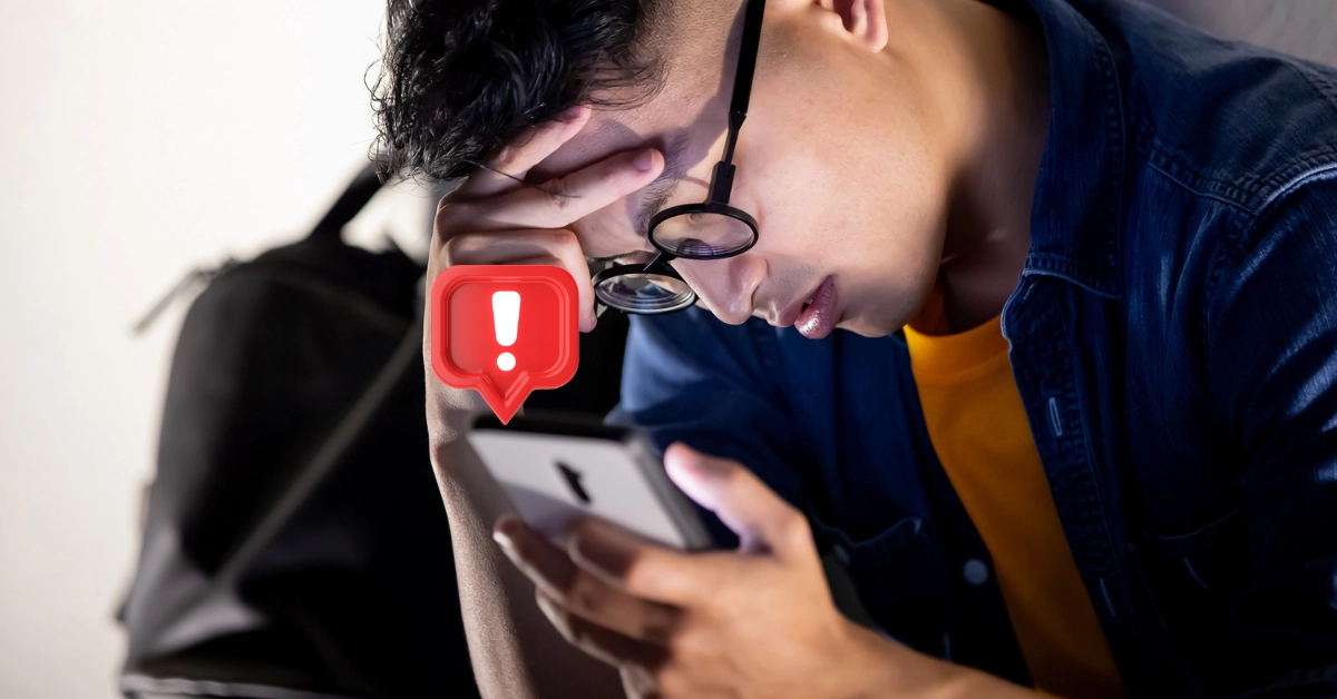 Man Feeling Frustrated Using Smartphone - Warning Sign 3D illustration.