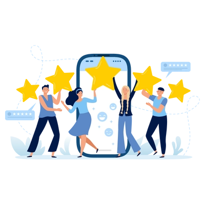 Five Stars Mobile App Feedback. Customers Satisfaction, Clients Leave Five Star Rating and Positive Feedback Flat Vector Illustration Five Stars Mobile App Feedback. Customers Satisfaction, Clients Leave Five Star Rating and Positive Feedback Flat Vector Illustration