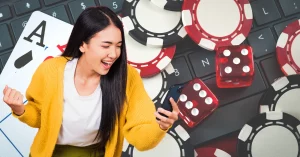 Internet casino and online gambling concept background - Woman Smiling Excited Using Mobile Phone Say Yes!