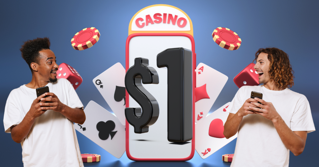 1 Dollar Casino App. 3D Illustration - Two Happy Young Men Holding Mobile Phones