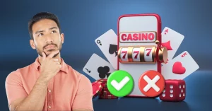 3D Casino App and Right and Wrong Button in round Shape - Man Holding His Chin Thinking