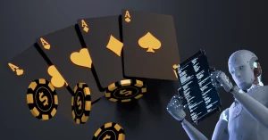 Casino Poker Black and Gold Cards and Chips - Robot Working with Digital Tablet