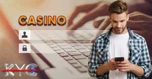 Casino Sign Up Username Password Log In - Guy Smiling and Using Mobile Phone - KYC Word Cross Out