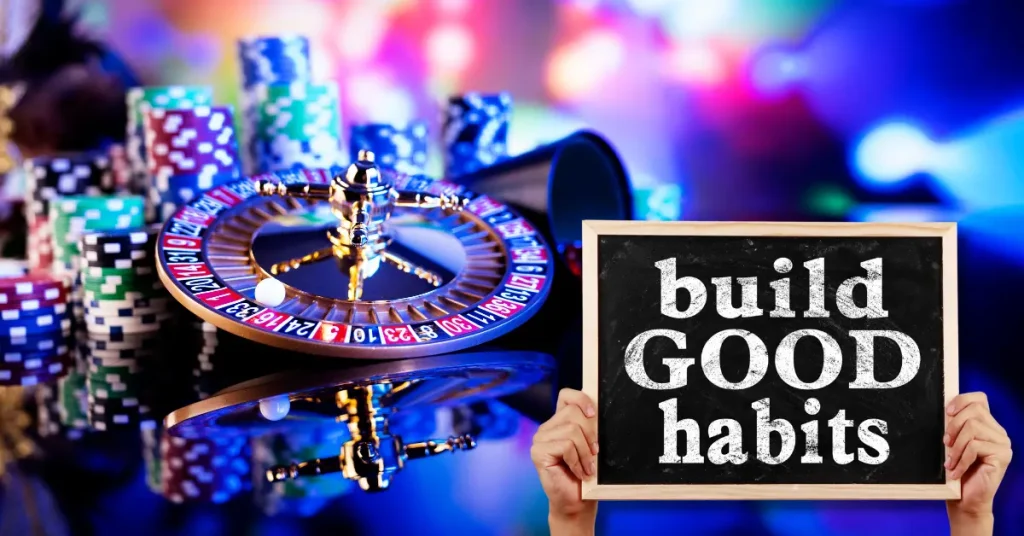 Casino Gambling Games Background - Hands Holding Blackboard with Text Build Good Habits