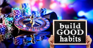 Casino Gambling Games Background - Hands Holding Blackboard with Text Build Good Habits