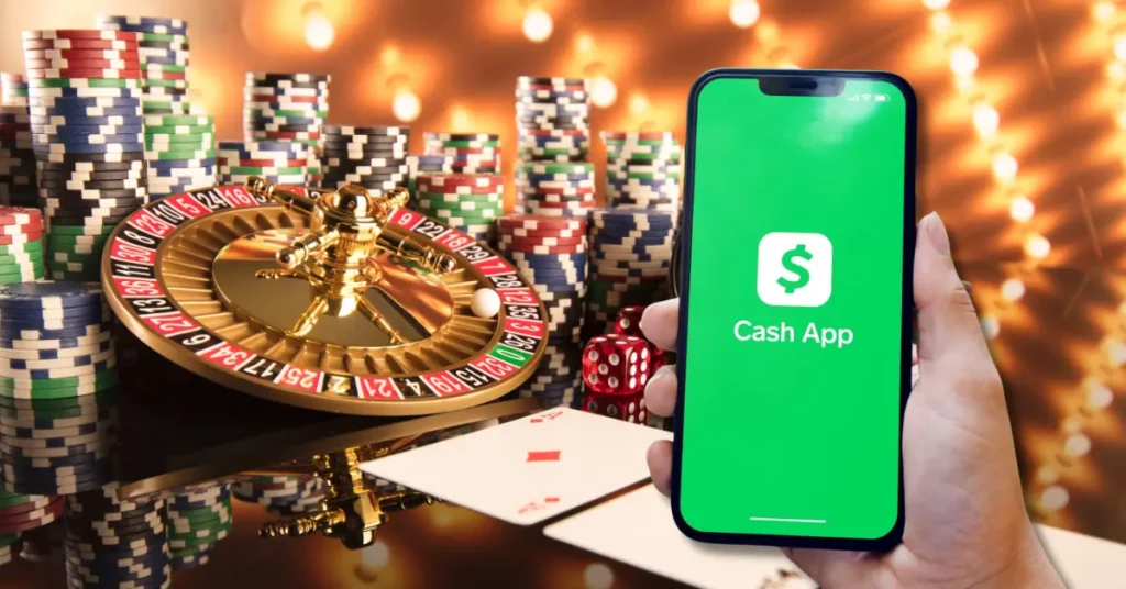 Set of Different Casino Accesories Background - Hand Holding Mobile with Cash App Logo